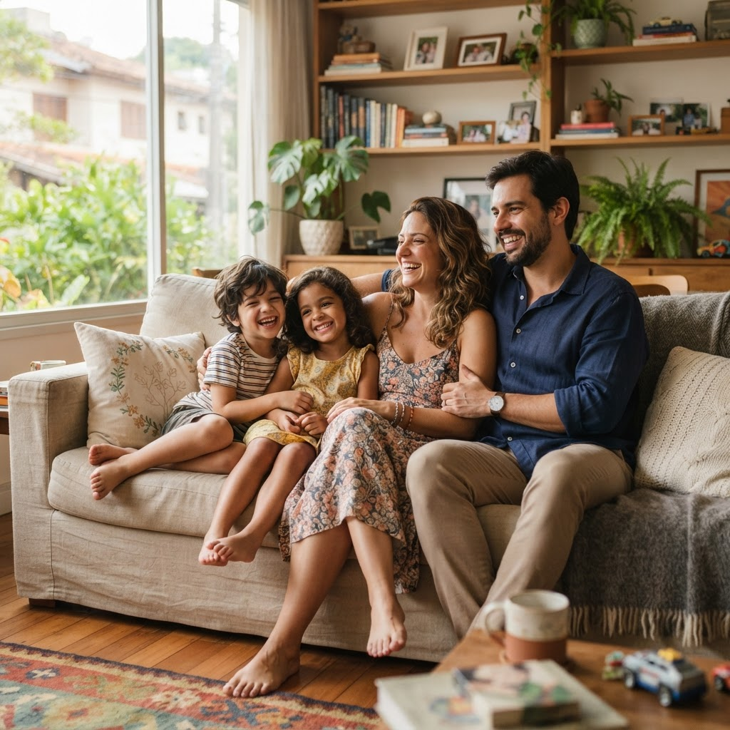 Família reunida e tranquila em casa, representando segurança financeira